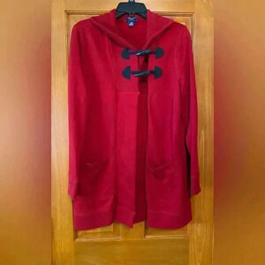 Chaps Denim Cardigan Duster Red Sweater Womens Cotton Large Christmas Holiday